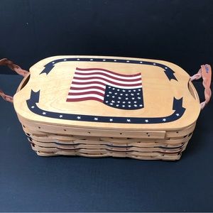 Peterboro 150th Anniversary U.S. Flag Picnic Basket 2?Inserts Leather Handles.